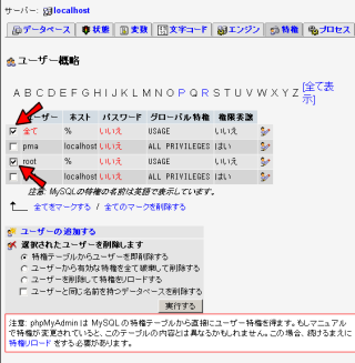 phpMyAdmin ユーザ設定画面