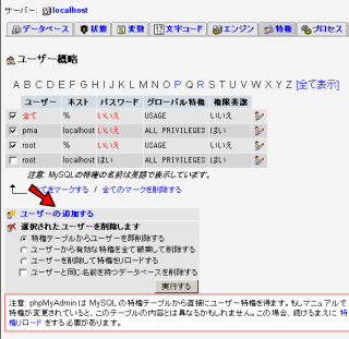 phpMyAdmin ユーザ追加